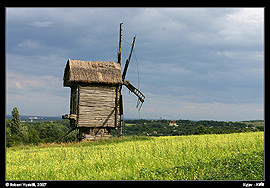 Kyjev - skanzen Pyrohovo, větrný mlýn a typické ukrajinské žluté pole a modré nebe (jako na vlajce)